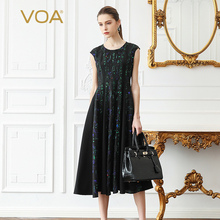 VOA36姆米黑底绿色拼接斜插袋圆领套头盖肩袖修身真丝连衣裙A373图片