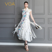 VOA撞色拼接不对称设计V领高腰修身显瘦大摆长款女真丝连衣裙A552图片