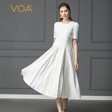 VOA60姆米重磅真丝象牙白圆领中腰短袖流线分割斜插袋礼服连衣裙图片