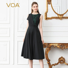VOA 36姆米重磅真丝圆领无袖中腰风琴褶手工钉珠不规则连衣裙图片
