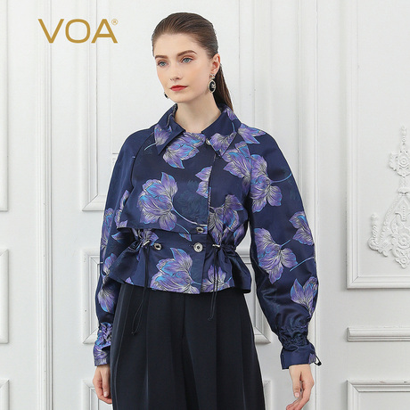 VOA真丝印染紫色荷花POLO领双排扣袖口牛筋抽绳弹簧扣短外套W326商品大图