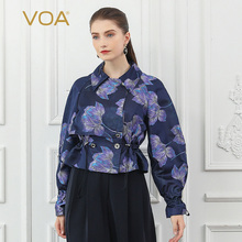 VOA真丝印染紫色荷花POLO领双排扣袖口牛筋抽绳弹簧扣短外套W326图片