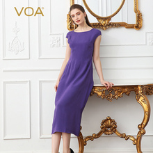 VOA重磅真丝熏衣紫30姆米圆领包肩无袖自然腰简约通勤连衣裙女图片
