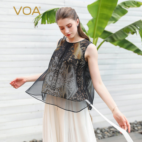 VOA2019新款真丝花色拼接印花丝绸无袖桑蚕丝圆领T恤女B571商品大图