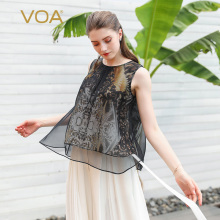 VOA2019新款真丝花色拼接印花丝绸无袖桑蚕丝圆领T恤女B571图片