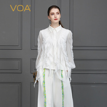VOA纯白真丝POLO领对丝工艺木耳边个性长短飘带气质女士衬衫B822图片