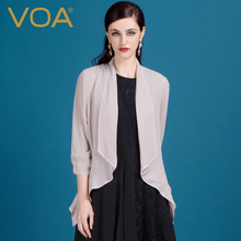 VOA2019新款真丝简约纯色拼接褶皱丝绸七分袖桑蚕丝开衫女B0017L图片