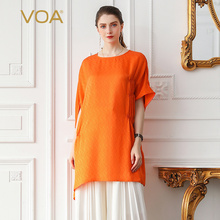 VOA2019新款真丝简约纯色拼接牛筋线丝绸短袖桑蚕丝圆领T恤女B528图片