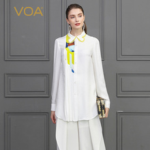 VOA真丝撞色拼接镶边对丝领衬衫女简约宽松新款立体褶皱上衣B828图片