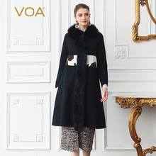 VOA黑色毛领拼接撞色时尚大气长袖暗门襟保暖女式羊毛大衣SA052图片