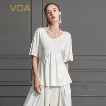 VOA2018新款真丝上衣鸡心领纯色不对称基本款桑蚕丝T恤女夏 B629图片