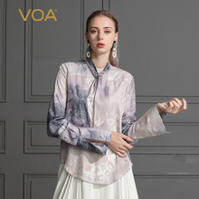 VOA2019新款真丝上衣圆领系带长袖弹力修身丝绸桑蚕丝T恤女B8501图片