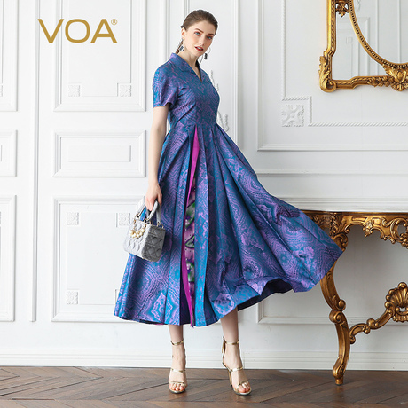 VOA100%桑蚕丝紫色拼接半开领连袖通勤复古收腰真丝连衣裙女A675商品大图