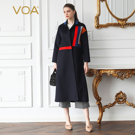 VOA拼接领简约时尚撞色拼接欧美原创口袋合计中长款女式羊毛大衣商品大图