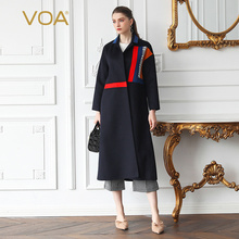VOA拼接领简约时尚撞色拼接欧美原创口袋合计中长款女式羊毛大衣图片