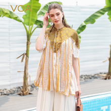 VOA2019夏季新款拼接桑蚕丝衬衫女气质圆领印花宽松真丝上衣B519图片