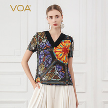 VOA2019新款真丝印花V领短袖塔克褶基本款复古桑蚕丝T恤B769图片