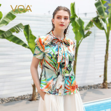 VOA2019新款真丝花色拼接印花纽扣丝绸短袖桑蚕丝修身衬衫女B559图片