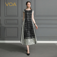 VOA2018年新款真丝连衣裙圆领短袖欧美风丝绸桑蚕丝大摆长裙A669图片