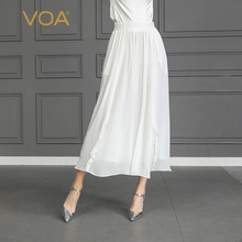 VOA2019新款纯色真丝拼接褶皱长款丝绸薄款桑蚕丝A字裙女C605图片