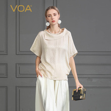 VOA2019新款真丝纯色拼接绑带丝绸短袖桑蚕丝连袖T恤女B713图片