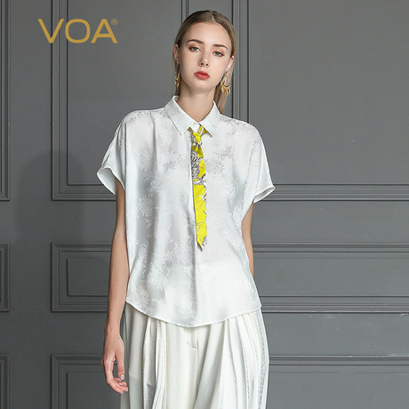 VOA2019新款真丝花色拼接丝绸短袖桑蚕丝连袖领带茧型衬衫女B685商品大图