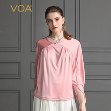 VOA2019新款真丝上衣纯色褶皱拼接丝绸长袖桑蚕丝粉色T恤女B2036图片