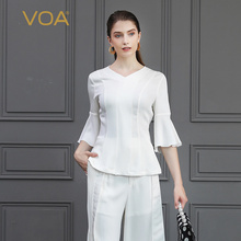 VOA纯白真丝鸡心领宽松喇叭袖打底外穿百搭简约大气公主T恤B801图片