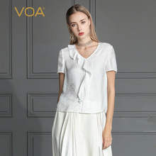 VOA2019新款真丝纯色拼接褶皱丝绸短袖桑蚕丝常规袖T恤女B680图片