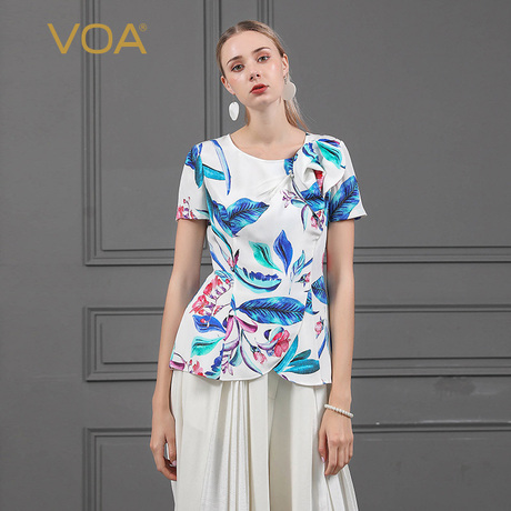 VOA圆领短袖重磅真丝印花立体装饰原创设计夏季简约丝绸上衣B727商品大图
