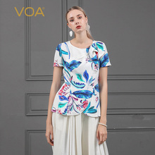VOA圆领短袖重磅真丝印花立体装饰原创设计夏季简约丝绸上衣B727图片