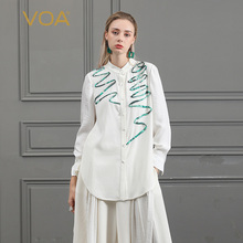 VOA真丝衬衫长袖单排扣街头欧美风丝绸桑蚕丝中长款上衣女B736图片