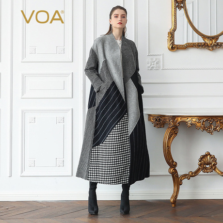 VOA撞色拼色拼接长袖V领千鸟格大口袋开襟时尚休闲女式羊毛大衣商品大图