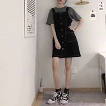 PINKSAVIOR明线黑色牛仔休闲背心裙