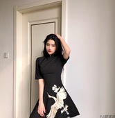 遮肚改良连衣裙洋气收腰显瘦中国风裙子 微胖仙鹤刺绣旗袍胖mm大码