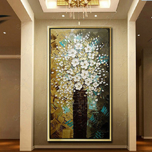 饰画竖版 家居玄关走廊挂画现代装 手绘油画发财树立体 有框壁画