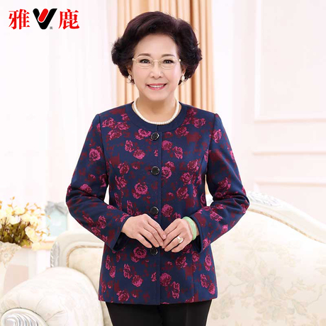 雅鹿中老年女装春秋外套圆领毛呢外套薄妈妈装印花上衣50-60-70岁商品大图