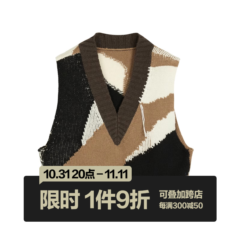 速写男装新款毛衣背心拼色V领短款情侣潮流搭配官方休闲上衣时尚