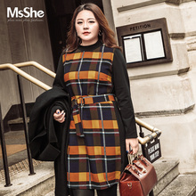 MsShe加大码女装2018新款冬装胖mm格子拼接收腰连衣裙M1843225图片