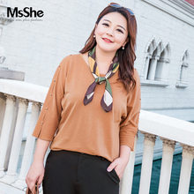 MsShe加大码女装2018新款秋装胖mm露臂设计亮丝针织T恤M1832107图片