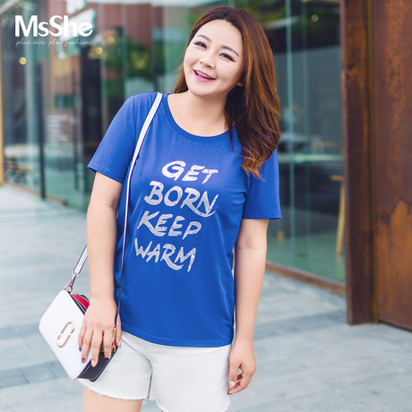 MsShe加大码女装2018新款夏装胖mm时尚圆领字母印花T恤 M1821161商品大图