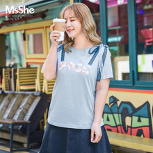 MsShe加大码女装2018新款夏装 双色绑带钉珠印花全棉T恤M1822180图片
