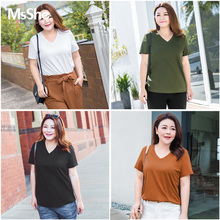MsShe大码女装2018新款夏装200斤胖mm弹力丝光棉V领t恤M1823010图片
