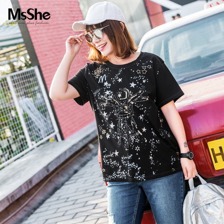 MsShe加大码女装2018新款夏装胖mm圆领弹力针织印花棉t恤M1821015商品大图