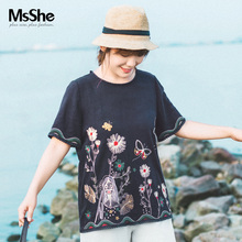 MsShe加大码女装2018新款夏装胖mm民族风刺绣棉麻衬衫M1823247图片