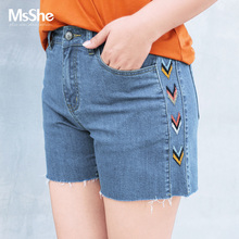 MsShe加大码女装2018新款夏装 图腾刺绣做旧效果牛仔短裤M1822143图片
