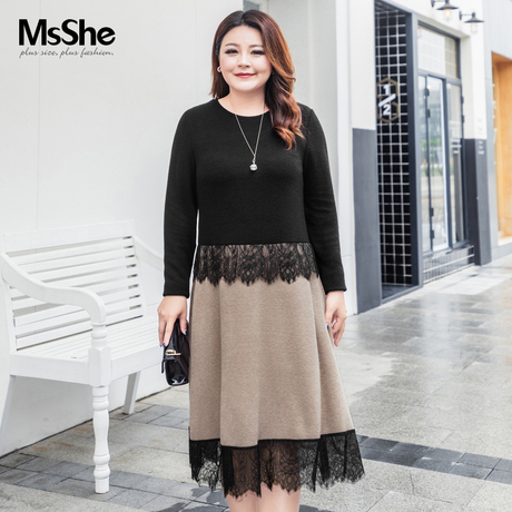 MsShe加大码女装2018新款冬装 浪漫蕾丝撞色毛织连衣裙M1843250商品大图