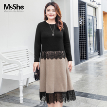 MsShe加大码女装2018新款冬装 浪漫蕾丝撞色毛织连衣裙M1843250图片