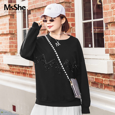 MsShe加大码女装2018新款秋装胖mm流苏串珠圆领卫衣M1831070商品大图