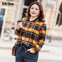 MsShe加大码女装2018新款冬装胖mm时尚基础版型格子衬衫M1843138图片